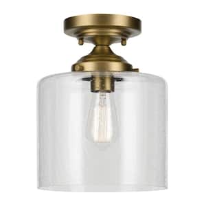 Winslow 8.5 in. 1-Light Natural Brass Hallway Contemporary Semi-Flush Mount Ceiling Light with Clear Seeded Glass