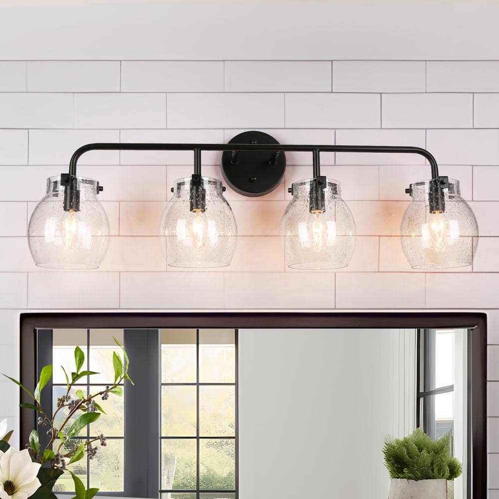 Painted Black Vanity Light 29 in. 4-Light Modern Black Bathroom Wall Sconce Classic Wall Light with Seedy Glass Globes price history on PriceWatchPro