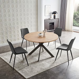 5-Piece Grey Chairs and  Round Oak Wood Top, Dining Table Set, Dining Room Set with 4-Modern Chairs