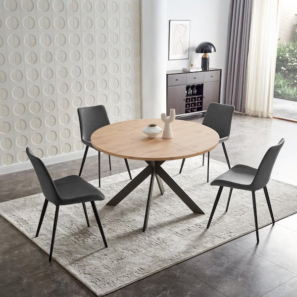 GOJANE 5-Piece Grey Chairs and  Round Oak Wood Top, Dining Table Set, Dining Room Set with 4-Modern Chairs