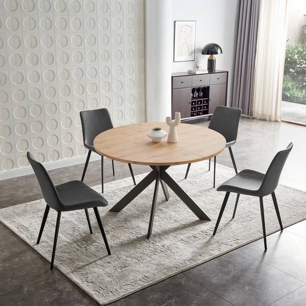 GOJANE 5Piece Modern Oak MDF 46.4 in.Round Table Metal Legs Dining
