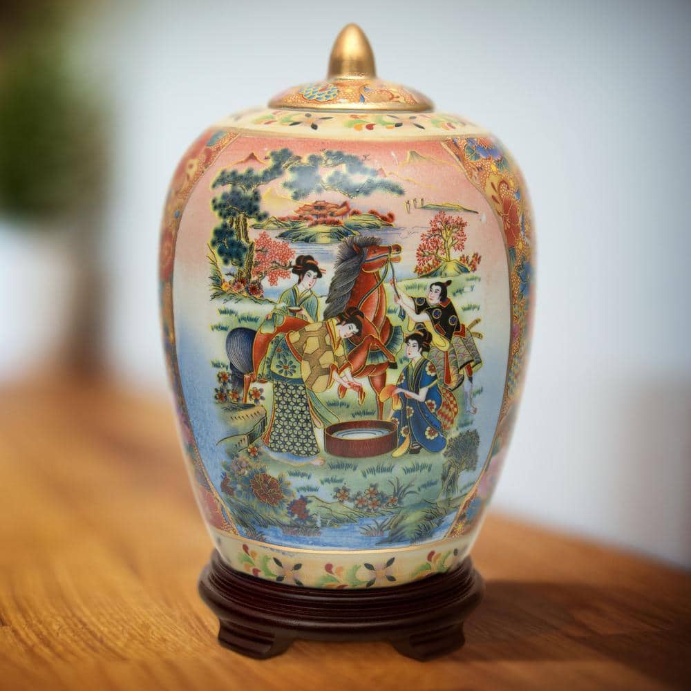 Oriental Furniture 11 in. Rose Medallion Horse in Meadow Porcelain Vase Jar