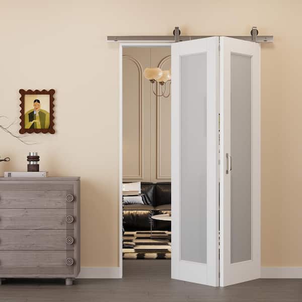 48 in. W. x 80 in. 1-Lite Tempered Frosted Glass White Primed MDF Bifold Sliding Barn Door with Hardware Kit Nickle