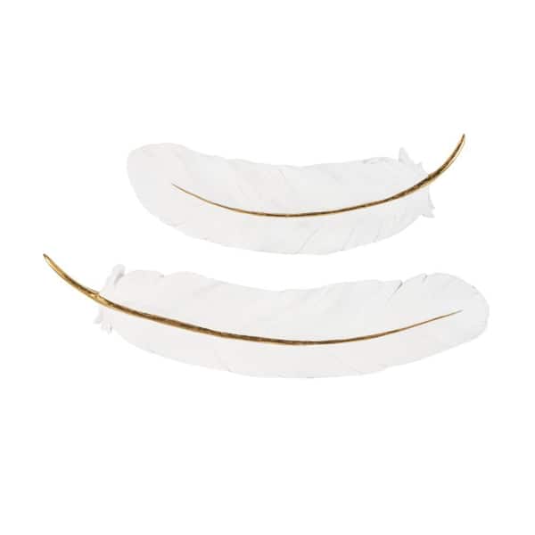 Litton Lane White Resin Feather Wall Sculpture with Gold Foil Accent (Set of 2)