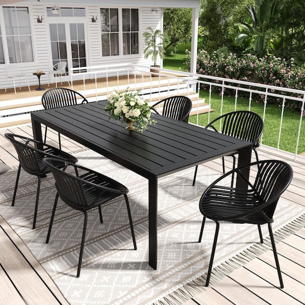 Verona Modern Patio 7-Piece Plastic and Metal Outdoor Dining Set with Stackable Chair, Black, 6 Seater