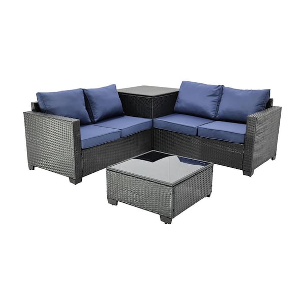 Unbranded 4-Piece Black Wicker Outdoor Sofa Sectional Set with Dark Blue Cushions, Large Space Storage Box