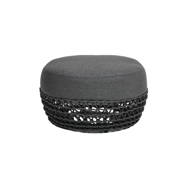 Willow 25 in. Gray Aluminum Round Sunbrella Upholstered Woven Outdoor Patio Ottoman with Cushion
