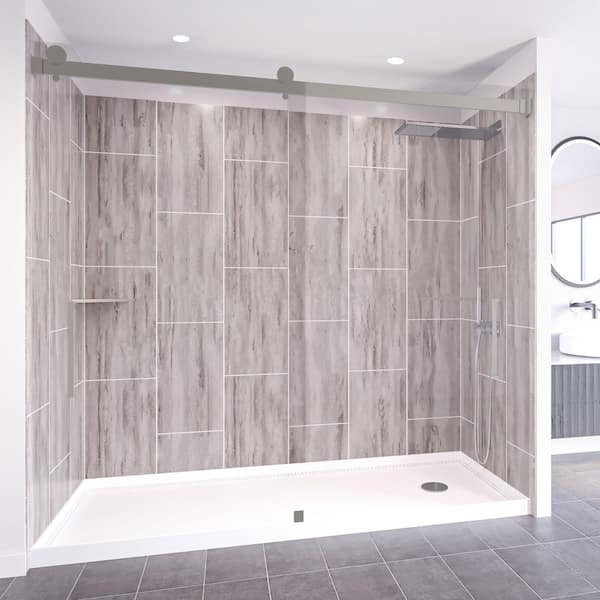 Driftwood-Tetherow 60-in x 36-in x 83-in Base/Wall/Door Rectangular Alcove Shower Stall/Kit Brushed Nickel Center