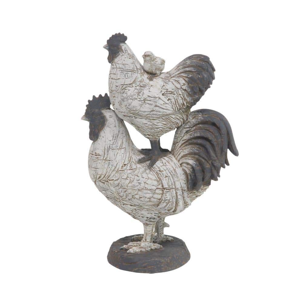 White and Brown Resin Rooster Statue with Chick
