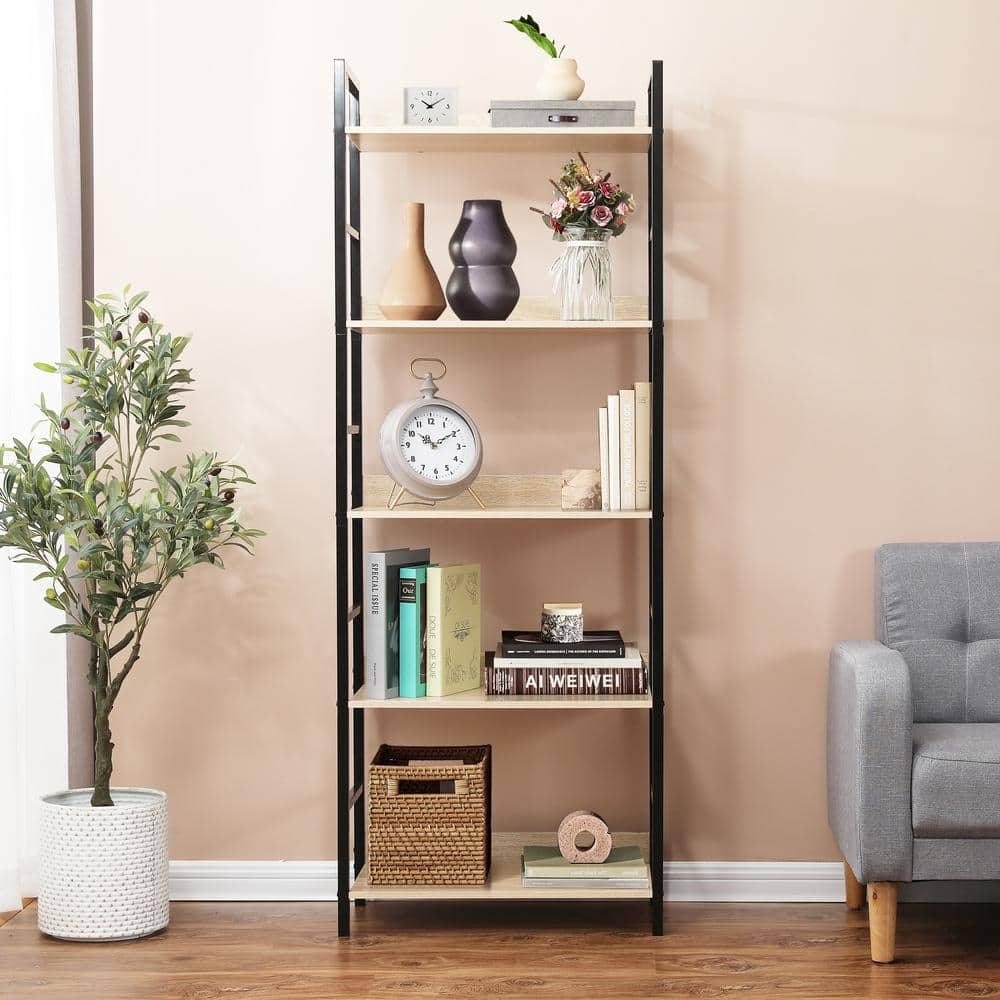Industrial Black Metal and Wood 5-Shelf Etagere Bookcase