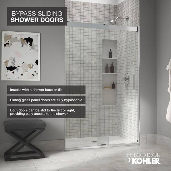 KOHLER Levity 57-60 in. W x 62 in. H Frameless Sliding Shower Door in Bright Polished Silver with Towel Bar