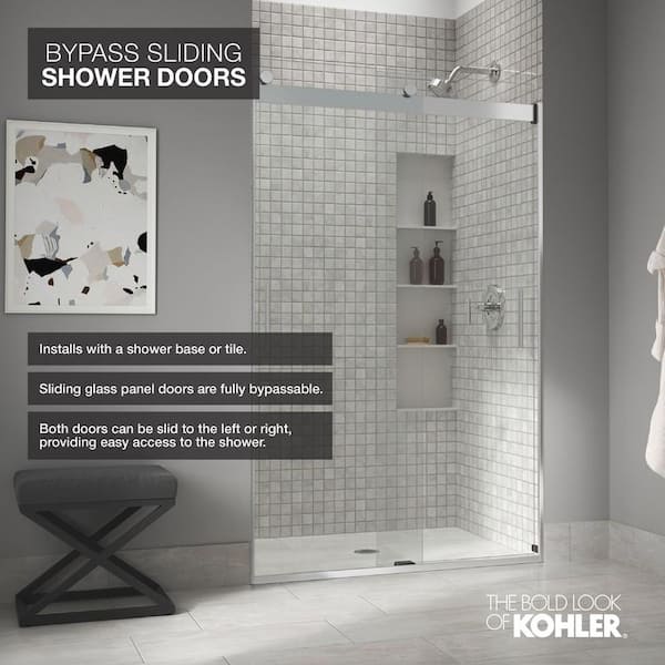 KOHLER K-706006-L-SH - Puerta de baño con toallero, 59.75 x 3.06 x 59.63  pulgadas, cristal transparente con marco plateado brillante