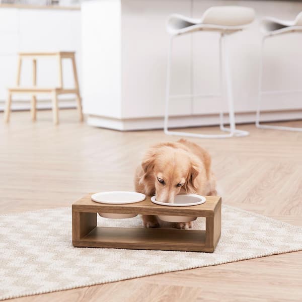 Teamson Pets Billie Elevated Ceramic Double Pet Feeder with Ash Wood Stand Brown