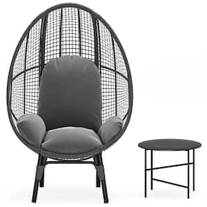 Gray Large Wicker Egg Chair Indoor Outdoor Lounge Chair with Side Table and Gray Cushion