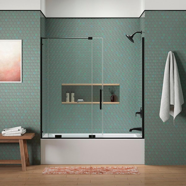 KOHLER Echelon 56-60 in. W x 58 in. H Sliding Frameless Bath Tub Door in Matte Black