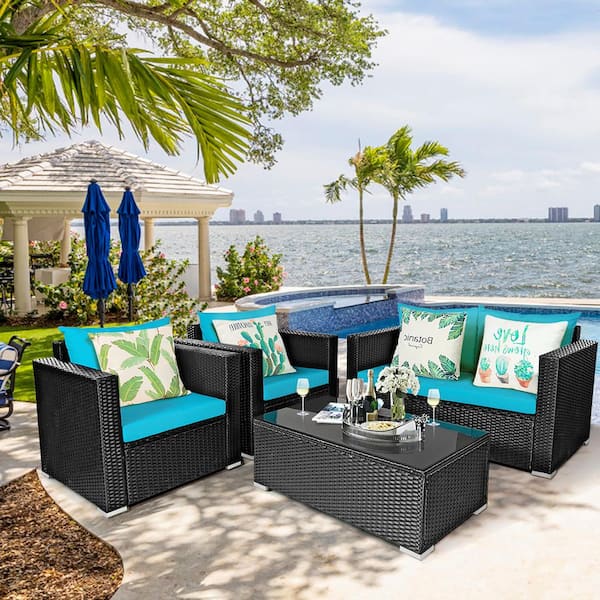 Costway Black 4 Piece Wicker Patio Conversation Set With Turquoise Cushions Hw65410tu The Home Depot