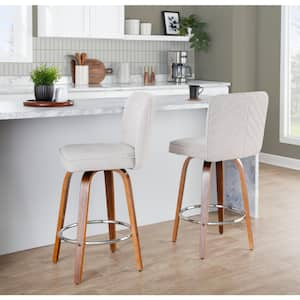 Henry 27 in. Beige Fabric, Walnut Wood, and Chrome Metal Fixed-Height Counter Stool (Set of 2)