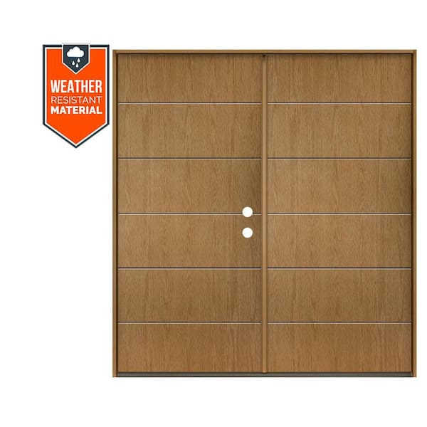 TETON Modern 72 in. x 79 in. Left-Active/Inswing 6-Grid Solid Panel Bourbon Stain Double Fiberglass Prehung Front Door