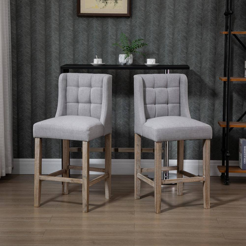 Gray Tufted Upholstered Bar Stools with Rubber Wood Legs, Set of 2