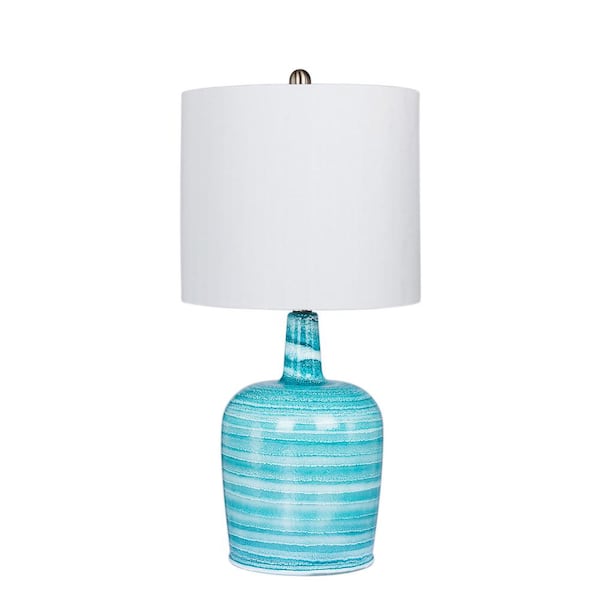 Fangio Lighting 27 in. Bedrock Striped Jug Glass Table Lamp in a Teal Blue and White Striped Finish