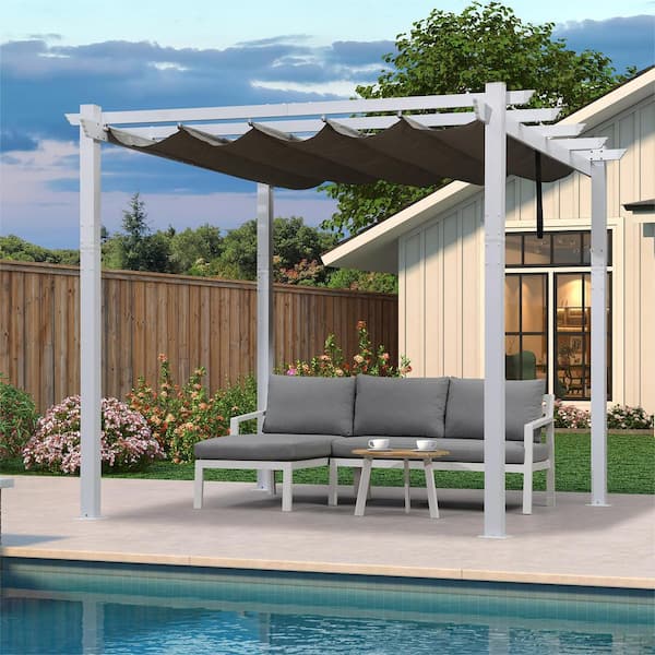 PURPLE LEAF 10 ft. x 10 ft. Gray Aluminum Outdoor Retractable Pergola with Sun Shade Canopy Cover White Patio Shelter
