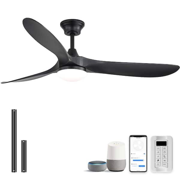 60 in. Smart Indoor/Outdoor Black Downrod Propeller Ceiling Fan with LED Light Kits, DC Motor and Remote/APP Control