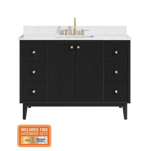 Sylvie 48 in. Single Sink Fluted Black Bathroom Vanity with Carrara Venato Engineered Stone Top (Assembled)