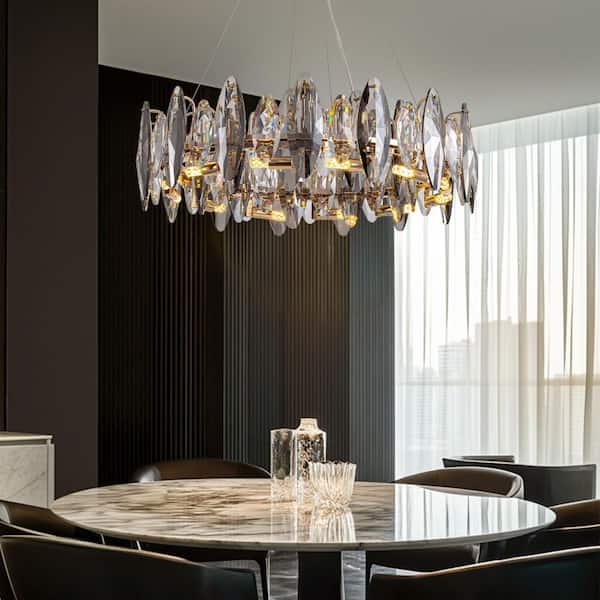 23.6 in. 12-Light Gold and Smoke Gray LED Crystal Drum Chandelier Pendant Light for Dining Room Living Room