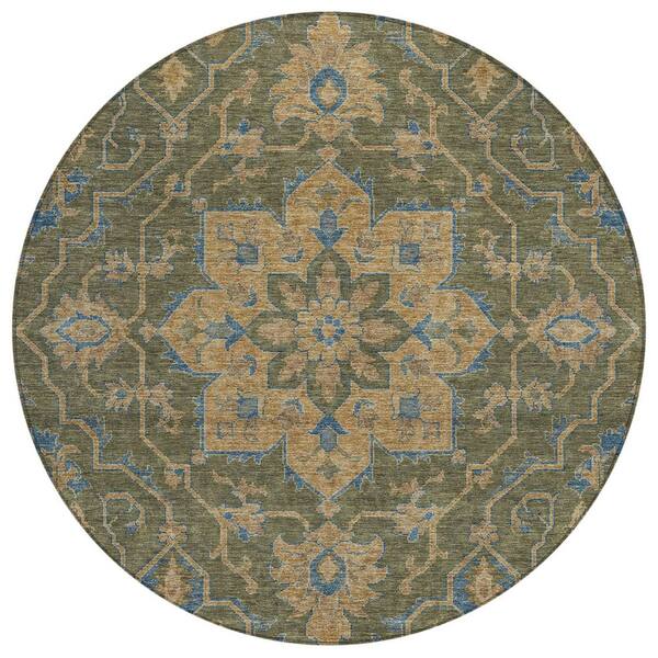 Chantille Machine Washable Indoor/Outdoor Abstract ACN3027 Olive 8 ft. x 8 ft. Round Rug