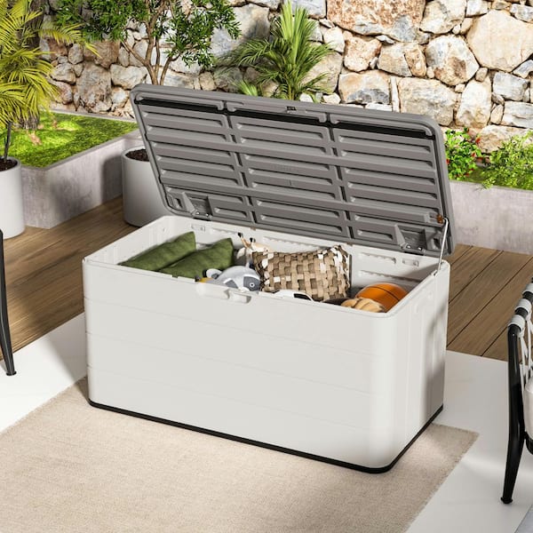 Outdoor Storage 120 Gal. 45.67''x23.62''x22.99'' White Resin Lockable Waterproof Deck Box for Cushions, Garden Tools