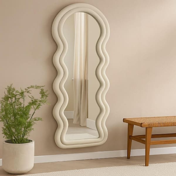 Izy Light Beige 28 in. W x 62.5 in. H Wood Floor Mirror