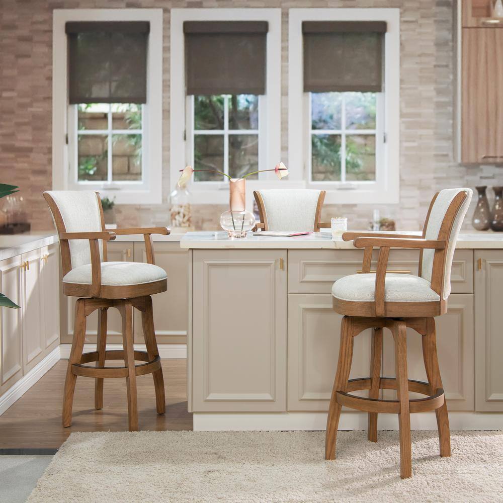 Williams 31'' White Leather Swivel Bar Stool with Oak Armrests