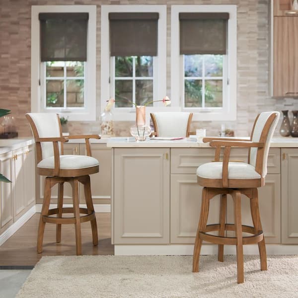 Williams 31 in. White Pepper Modern Rustic High Back Swivel Bar Stool with Armrests and Wood Frame
