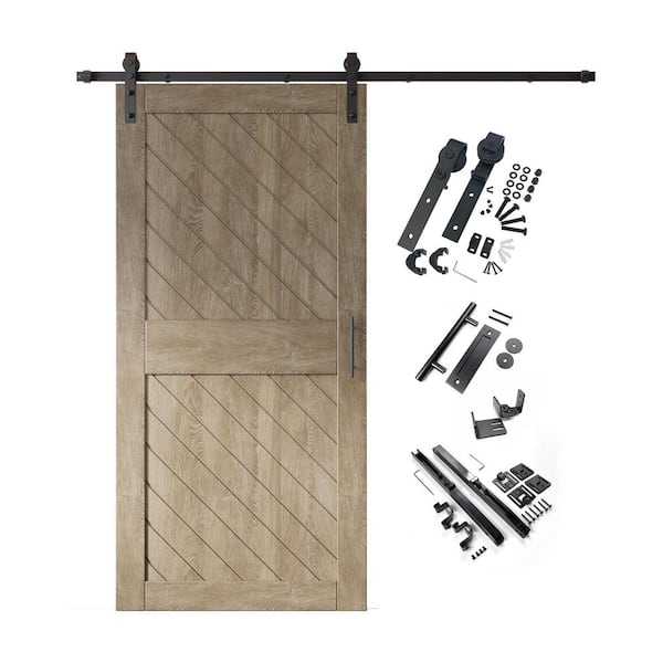 HOMACER XT2 40 in. x 84 in. C-Panel Classic Gray Slanted Stripe Design Solid Pine Wood Sliding Barn Door with Hardware Kit