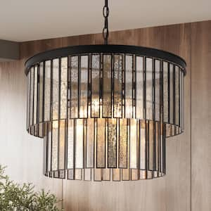 Hemera 4-Light Black Modern Drum Chandelier with 2-Tier Plated Mercury Glass Shade Living Room Silvered Hanging Light