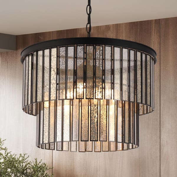 Hemera 4-Light Black Modern Drum Chandelier with 2-Tier Plated Mercury Glass Shade Living Room Silvered Hanging Light