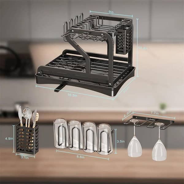 SNTD Dish Drying Rack, 2 Tier Multifunctional Dish Rack for Kitchen Counter  Large Dish Drainers Strainer with Drainboard Set Black