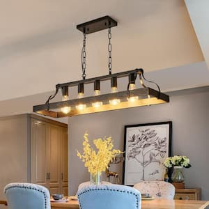 5-Light Black and Gold Vintage Pendant Light , Adjustable Hanging Lights Rectangle Chandelier for Dining Room, Kitchen