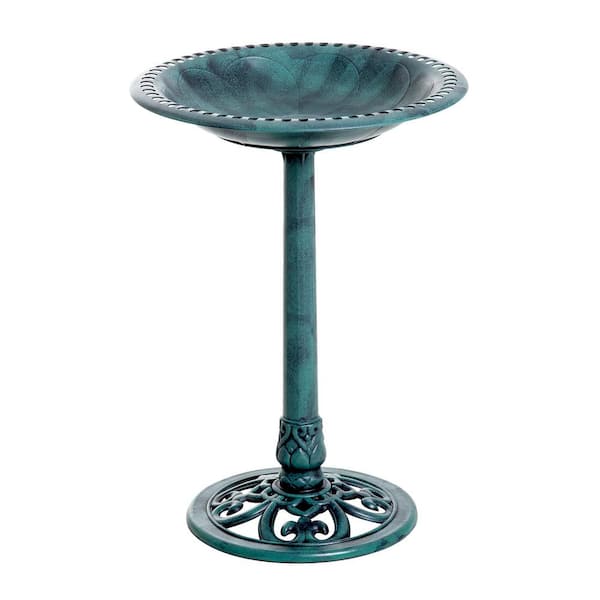 28'' Bird Bath Outdoor Resin Decor with Fleur De Lis Pattern, Time-Worn Finish, Green