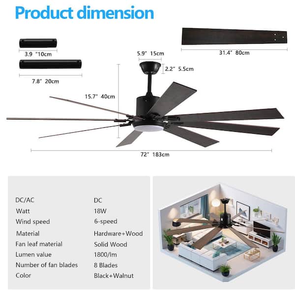 72 in. Indoor Black 8 Solid Wood Fan Blades Integrated LED Ceiling Fan with Remote Control and Reversible DC Motor