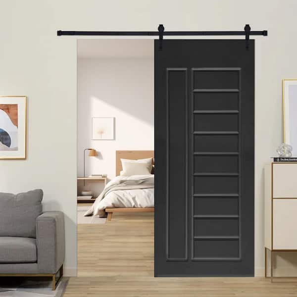 AIOPOP HOME Modern Design 30 in. x 80 in. MDF Panel Black Sliding