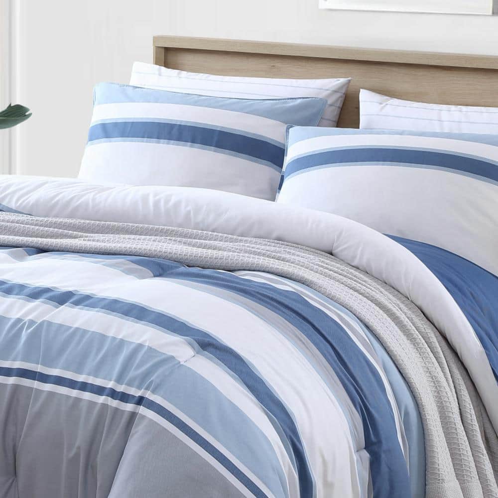 Twin Navy Blue and Gray Striped Cotton Comforter Set