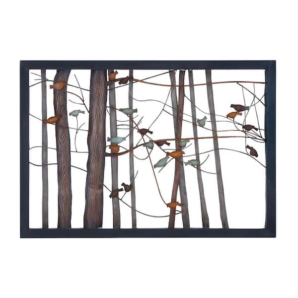 Litton Lane 39 in. x  27 in. Metal Multi Colored Cutout Bird Wall Decor with Tree Branch Accents and Black Metal Frame