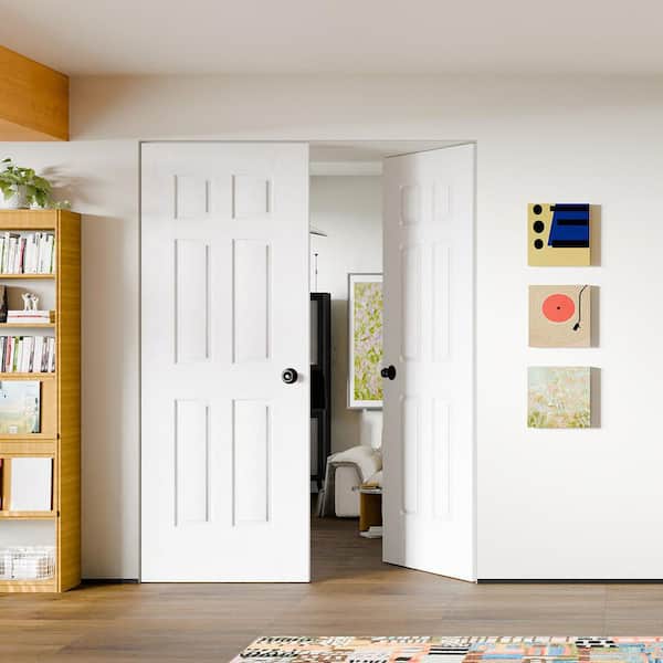 60 in. x 80 in. 6-Panel, Composite, MDF White Primed, Hollow Core Interior Door Slab with Black Goal Doorknob