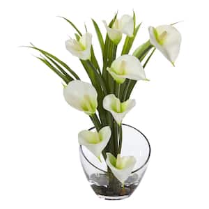 15.5 in. High Cream Calla Lily and Grass Artificial Arrangement in Vase