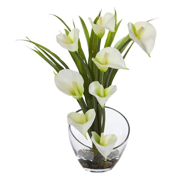 Nearly Natural 15.5 in. High Cream Calla Lily and Grass Artificial Arrangement in Vase