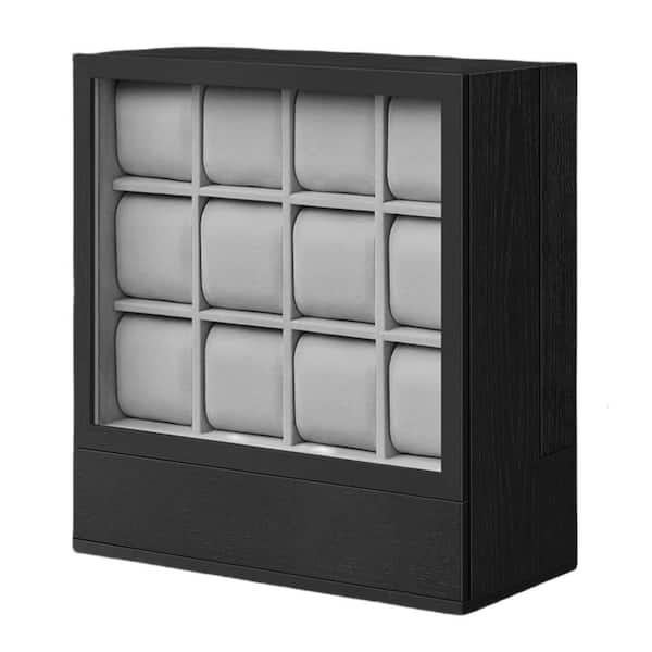 Unbranded 12-Slot Watch Box with Window, Solid Wood Veneer & Velvet Lining, Ebony Black, 11.6 in. x 5.9 in. x 12.8 in.