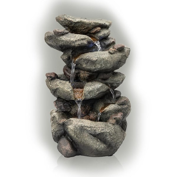 Alpine Corporation 14 in. Tall Indoor/Outdoor Tiering Rainforest Rock Waterfall Tabletop Fountain with LED Lights