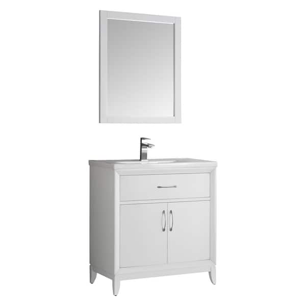 Fresca Cambridge 30 in. Vanity in White with Porcelain Vanity Top in White with White Ceramic Basin and Mirror