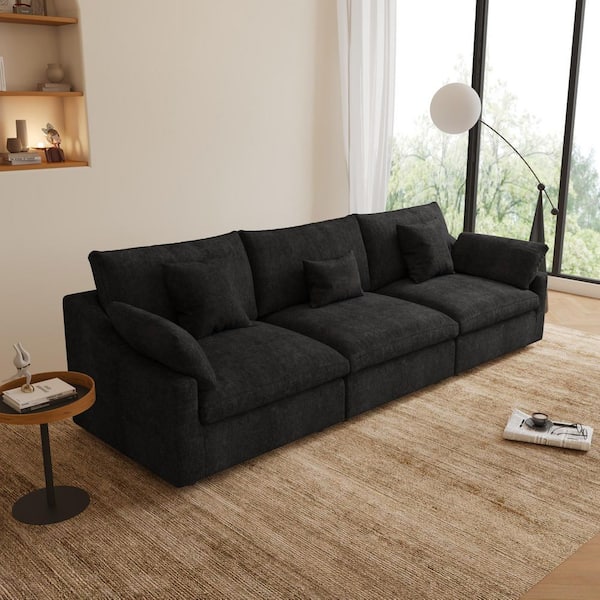 119 in. Square Arm Plush Linen Modular 3-Piece Love Couch Cloud Modular Sectional Sofa with Washable Covers in. Black